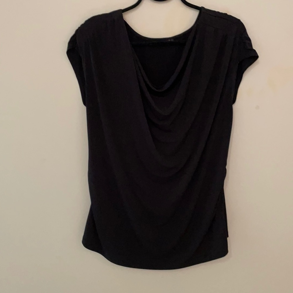 Black scoop neck short sleeve blouse.